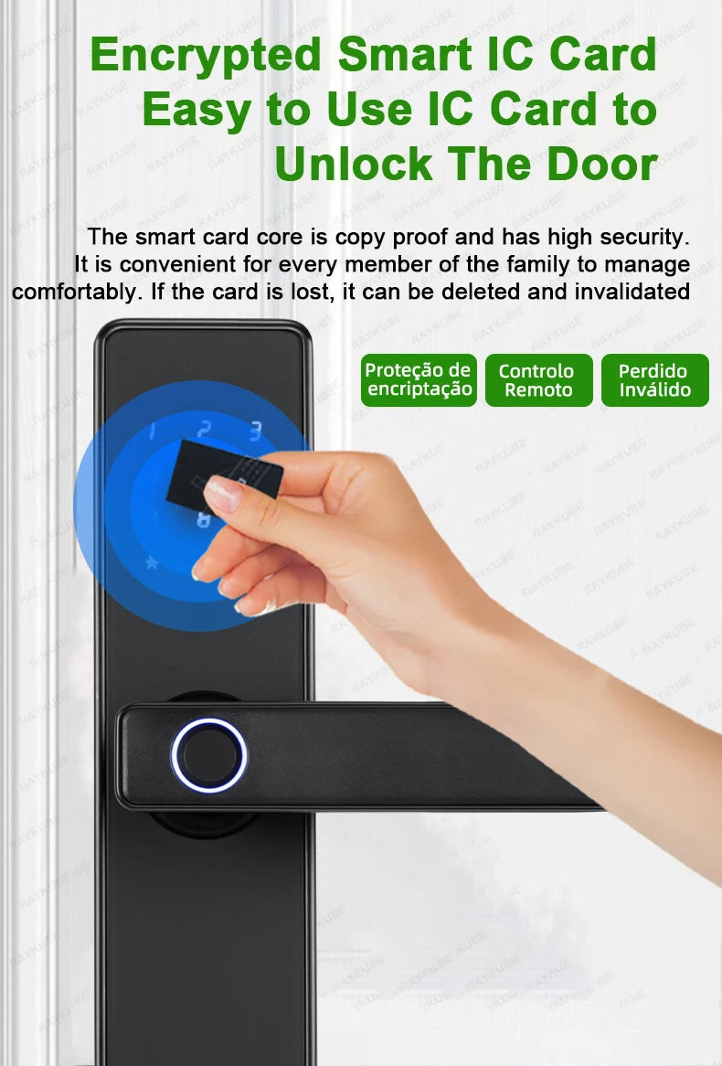 Fechadura eletrônica com impressão digital em 9 idiomas com aplicativo Tuya/cartão/código/chave desbloqueio RAYKUBE K20 Bluetooth