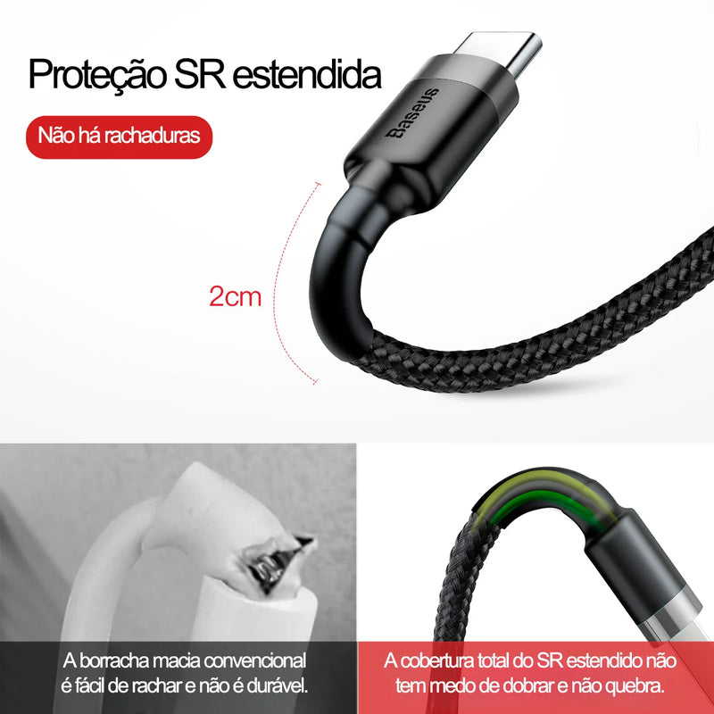 Cabo USB Tipo C BASEUS Cafule para Realme Xiaomi Samsung S21 Cabo de carregamento rápido USB-C Cabo de dados para carregador