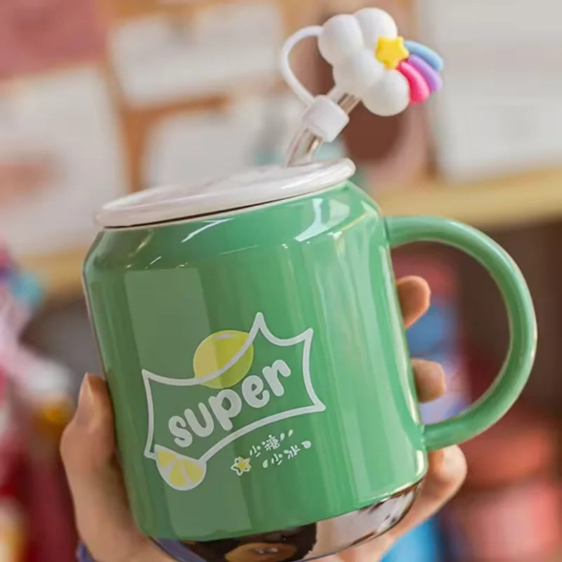 Copo Térmico Versátil de Cerâmica Moderno de 380ml com Tampa e Canudo