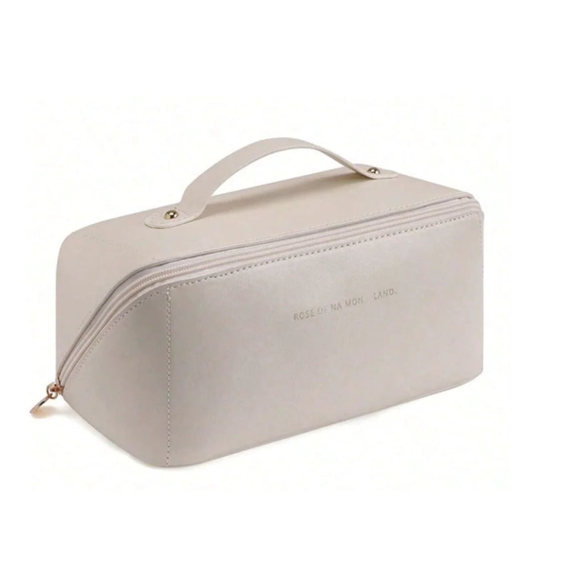 Bolsa feminina para maquiagem e cosméticos, bolsa de viagem portátil de couro com grande capacidade