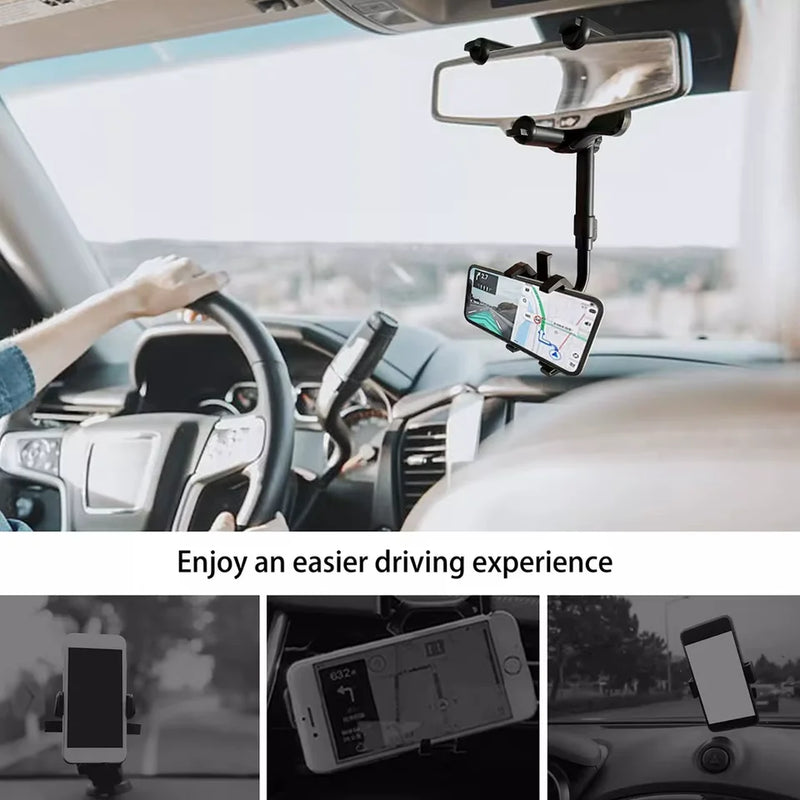 Suporte universal para celular no espelho retrovisor de carro, 360 graus, fixação segura para smartphone e GPS