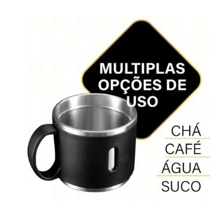 Caneca Kit Garrafa Térmica Vacuum Bottle Inox 500ml + Xícaras Bebidas Fria ou Quente