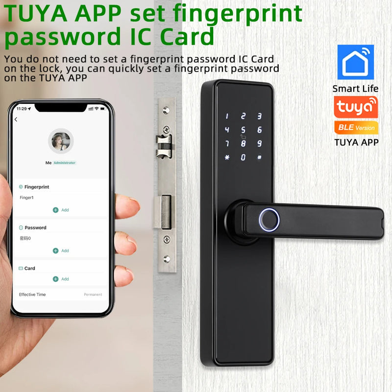 Fechadura eletrônica com impressão digital em 9 idiomas com aplicativo Tuya/cartão/código/chave desbloqueio RAYKUBE K20 Bluetooth