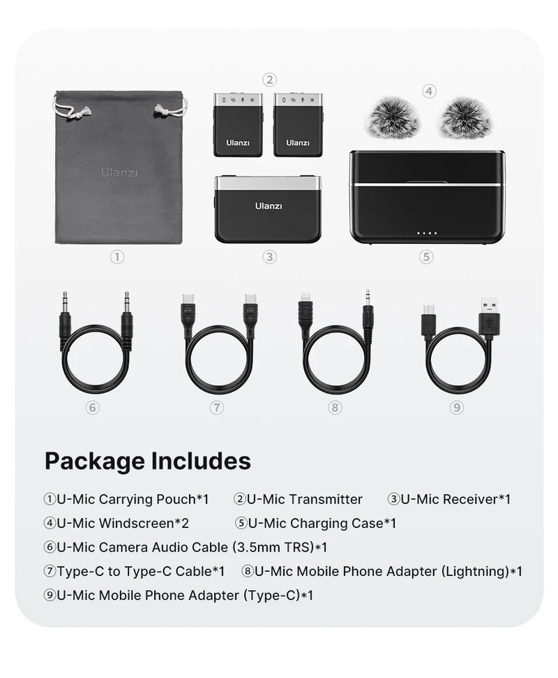 Ulanzi AM18 U-Mic 2.4G Microfone estéreo sem fio com captação de 100 m, gravação de canal duplo de 20+ horas para DSLR, iOS, Android, PC, entrevista ao vivo