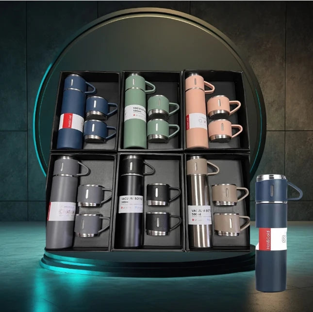 Caneca Kit Garrafa Térmica Vacuum Bottle Inox 500ml + Xícaras Bebidas Fria ou Quente