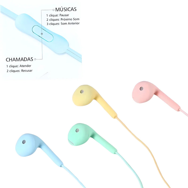 Fone de ouvido Macaron com fio, microfone e botão de chamada em cores sortidas.