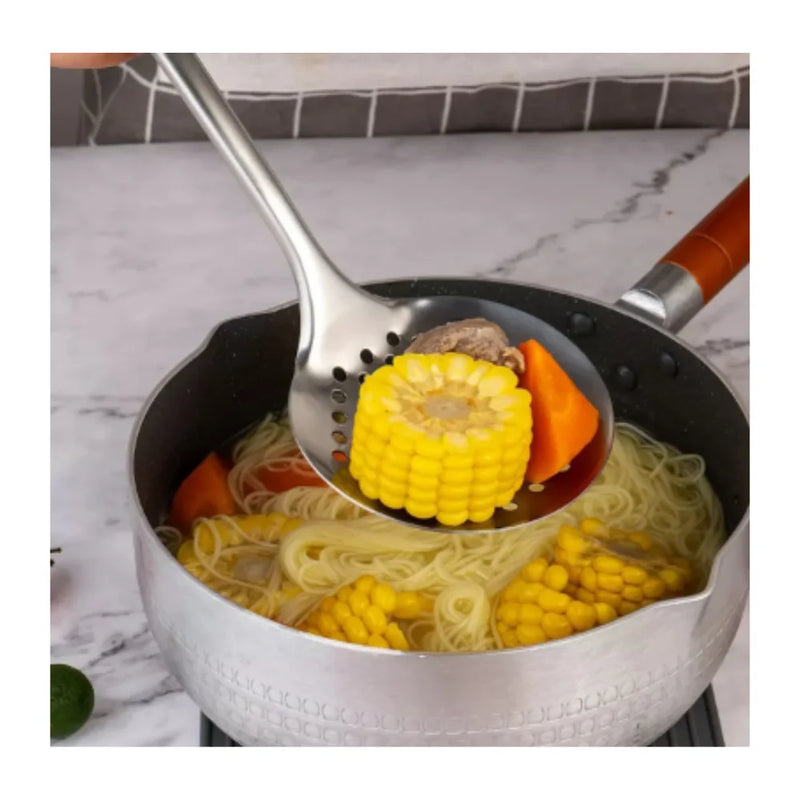 Kit 3 Utensilios de Cozinha em Inox. Escumadeira + Concha de Feijão + Pegador de Massa