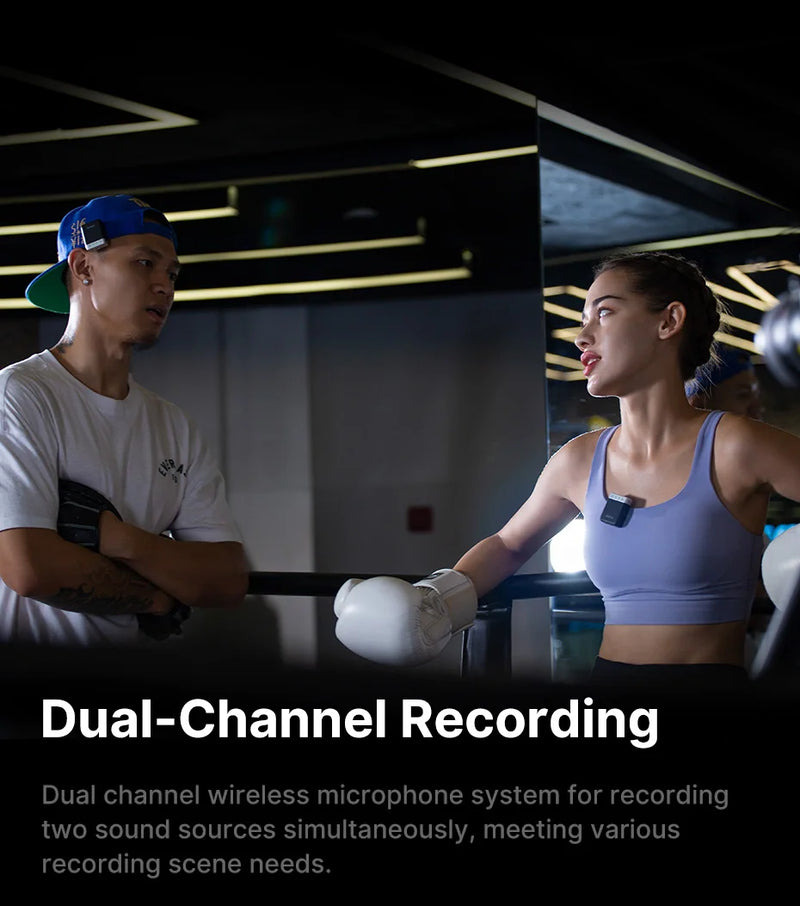Ulanzi AM18 U-Mic 2.4G Microfone estéreo sem fio com captação de 100 m, gravação de canal duplo de 20+ horas para DSLR, iOS, Android, PC, entrevista ao vivo