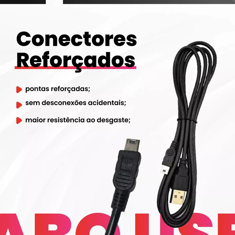 Cabo USB com Conector V3 (Mini A) - 1,5 Metros para Carregamento de Bateria e Controle de Transmissão de Dados GPS PS3 Multiuso