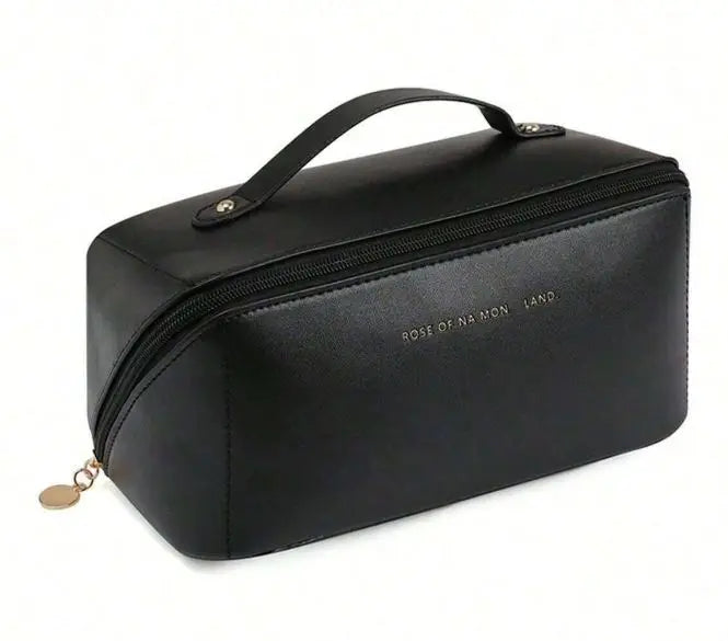 Bolsa feminina para maquiagem e cosméticos, bolsa de viagem portátil de couro com grande capacidade