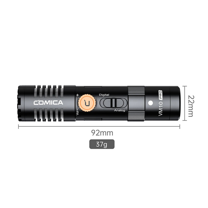 Microfone de câmera Comica VM10 PRO Microfone shotgun USB de modo duplo com monitor de controle de ganho Microfone de entrevista
