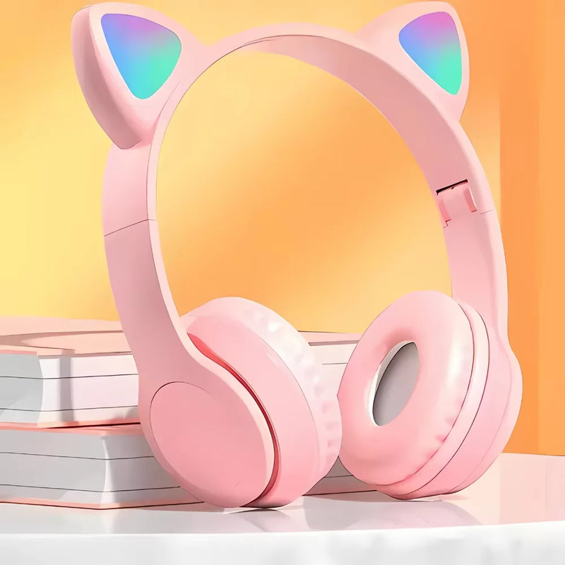 Fone de ouvido Bluetooth com orelhas de gatinho LED para meninos e meninas em cores variadas