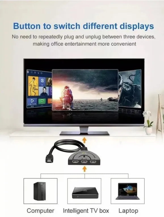Cabo adaptador 3x1 para switch hub HDMI, 3 entradas e 1 saída, alta resolução, Full HD 4K, compatível com TV, PC, notebook, console, filmes