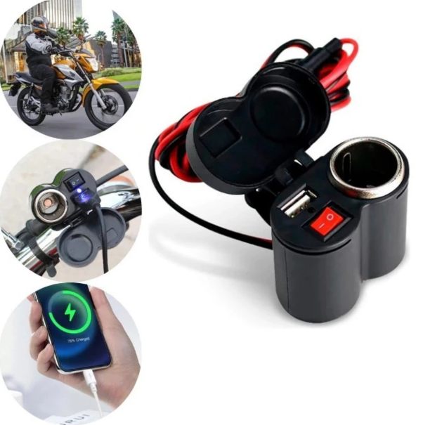 Adaptador Universal Tomada USB Compacto para Moto, Carro e Bicicleta - Carregamento de Celular e GPS ou Emergências