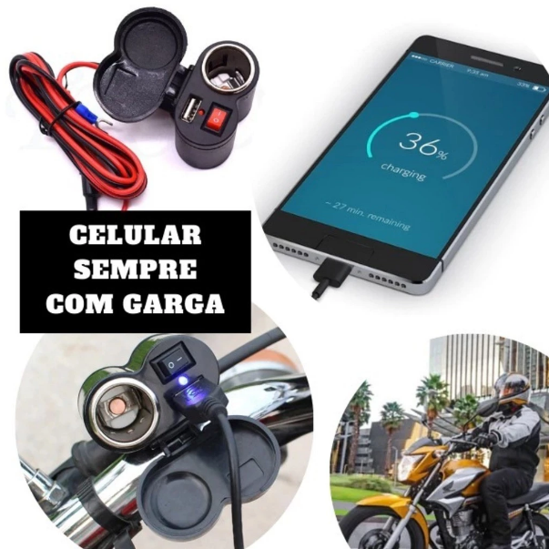 Adaptador Universal Tomada USB Compacto para Moto, Carro e Bicicleta - Carregamento de Celular e GPS ou Emergências