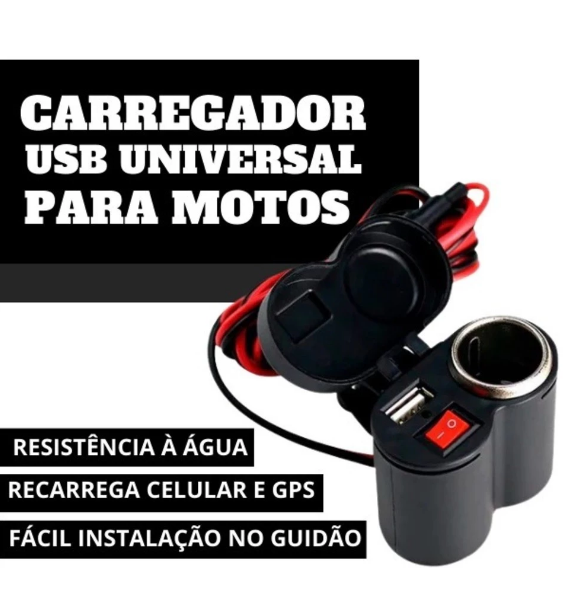 Adaptador Universal Tomada USB Compacto para Moto, Carro e Bicicleta - Carregamento de Celular e GPS ou Emergências