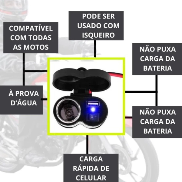 Adaptador Universal Tomada USB Compacto para Moto, Carro e Bicicleta - Carregamento de Celular e GPS ou Emergências