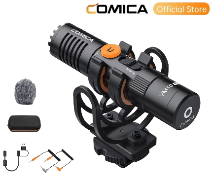 Microfone de câmera Comica VM10 PRO Microfone shotgun USB de modo duplo com monitor de controle de ganho Microfone de entrevista