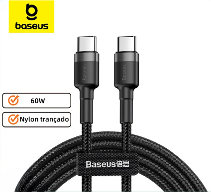 Cabo USB C para USB C Baseus Cafule 60 W para iPhone 15, MacBook, iPad Pro, cabo de carregamento rápido 5A, trança de nylon de 1 m/2 m
