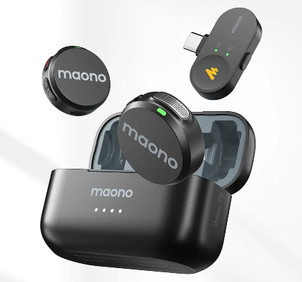 Microfone de lapela sem fio Maono Wave T5 com cancelamento de ruído para gravação de vídeo e streaming, compatível com câmeras de celulares