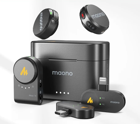 Microfone de lapela sem fio Maono Wave T5 com cancelamento de ruído para gravação de vídeo e streaming, compatível com câmeras de celulares