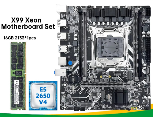 Kit de placa-mãe SOYO X99 com processador Xeon E5 2650 V4 LGA2011-3, 16 GB de RAM DDR4 (1x16 GB) de 2133 MHz e SSD NVMe M.2 SATA para computador desktop.