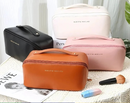 Bolsa feminina para maquiagem e cosméticos, bolsa de viagem portátil de couro com grande capacidade
