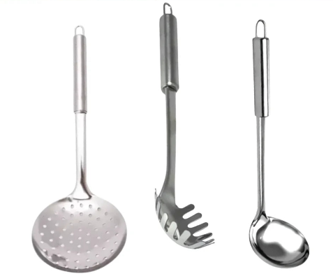 Kit 3 Utensilios de Cozinha em Inox. Escumadeira + Concha de Feijão + Pegador de Massa