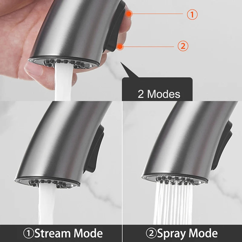 Torneira de cozinha retrátil cinza-arma, torneira de pia de água quente e fria, giratória, preta e branca, 60 cm