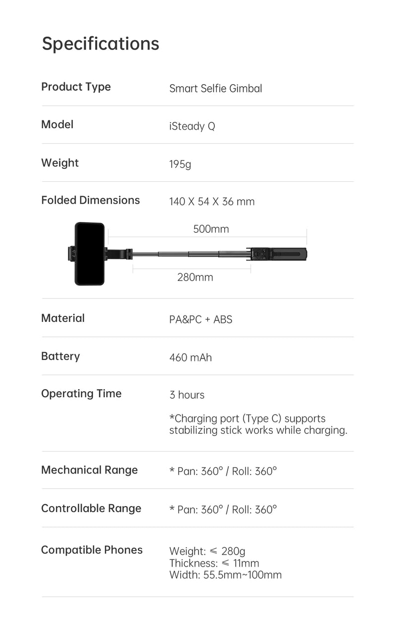 Estabilizador Gimbal Portátil Hohem iSteady Q para Celular, Haste Extensora, Tripé Ajustável com Controle Remoto para Smartphone