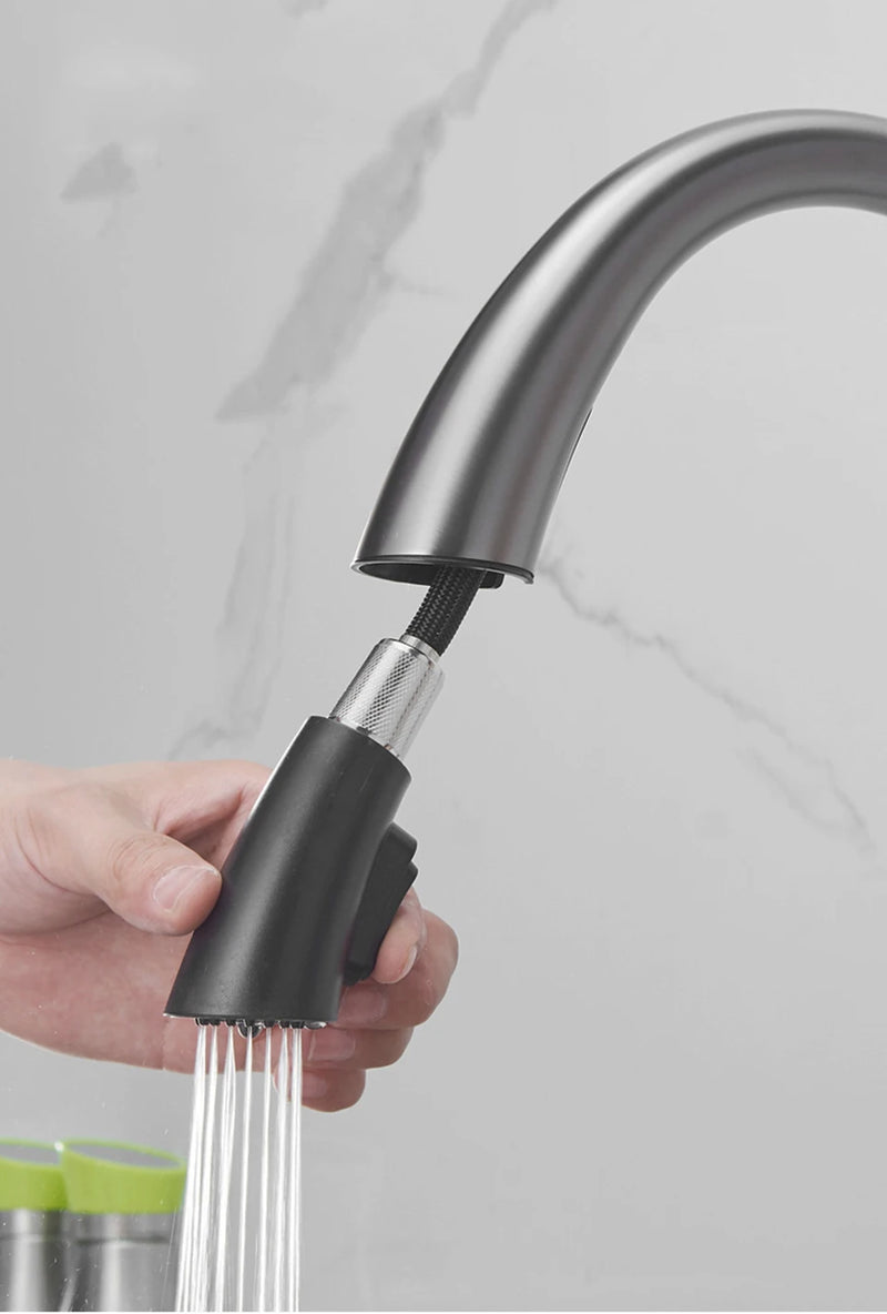 Torneira de cozinha retrátil cinza-arma, torneira de pia de água quente e fria, giratória, preta e branca, 60 cm