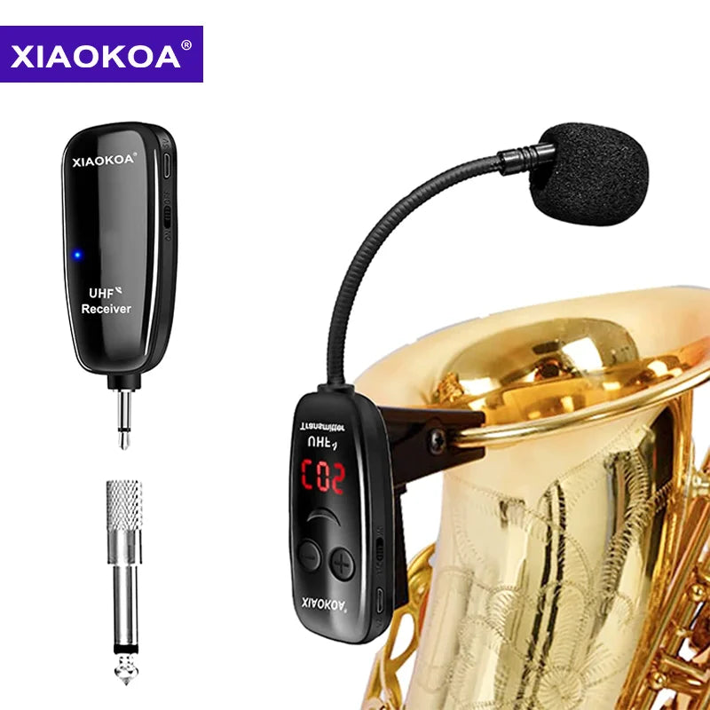 Microfone para saxofone Wireless Instruments, receptor e transmissor sem fio, alcance de 160 pés, plug and play, ótimo para trompetes XIAOKOA UHF