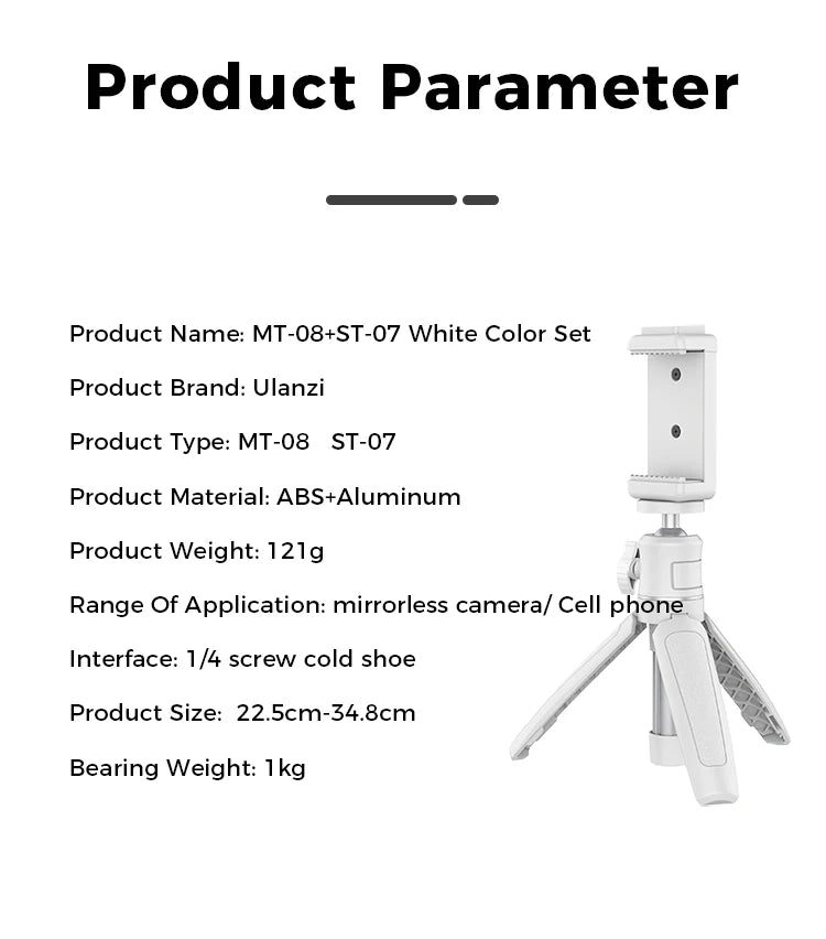 Ulanzi MT-08 Mini Tripé Branco Dobrável Monopé Tripé 1/4'' Universal para DSLR Android iPhone Smartphone