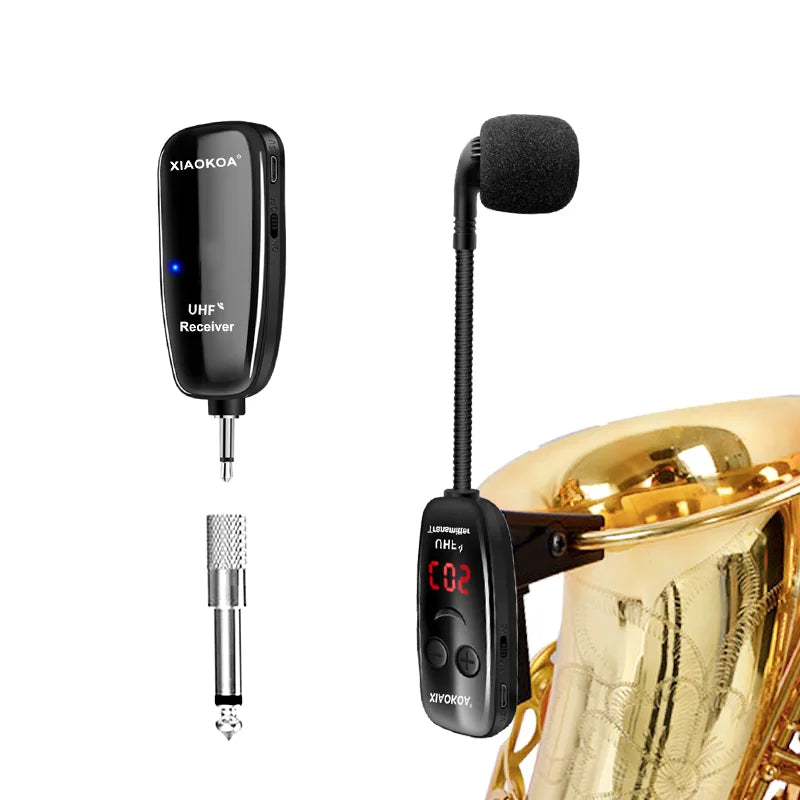 Microfone para saxofone Wireless Instruments, receptor e transmissor sem fio, alcance de 160 pés, plug and play, ótimo para trompetes XIAOKOA UHF