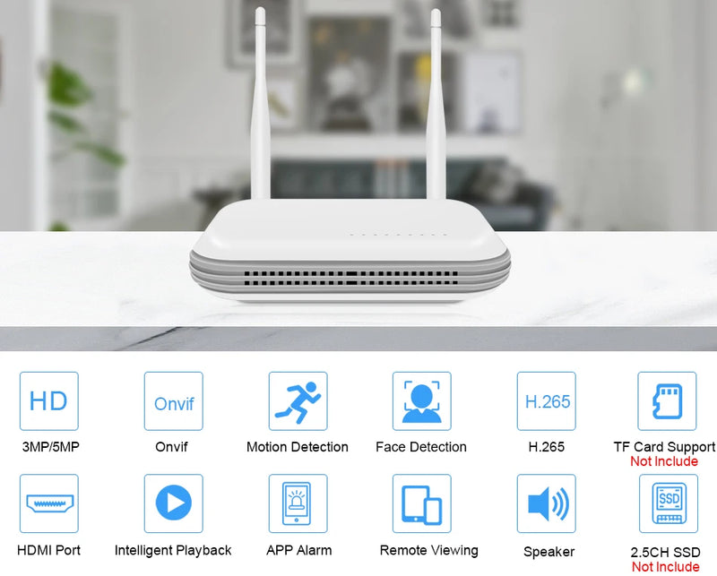 Gravador de vídeo em rede Smart Wifi NVR 8CH 5MP H.265 para sistema de segurança sem fio com suporte para detecção facial Onvif HDD 2,5'' ICsee APP