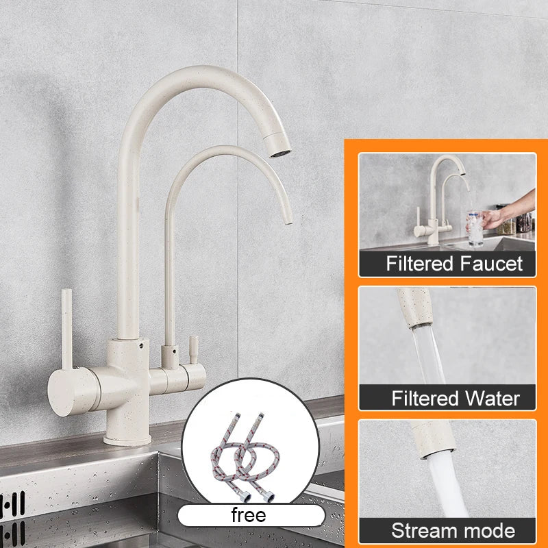 Torneira de cozinha de água pura preta fosca com duas alças para água potável quente e fria e torneiras misturadoras de cozinha removíveis