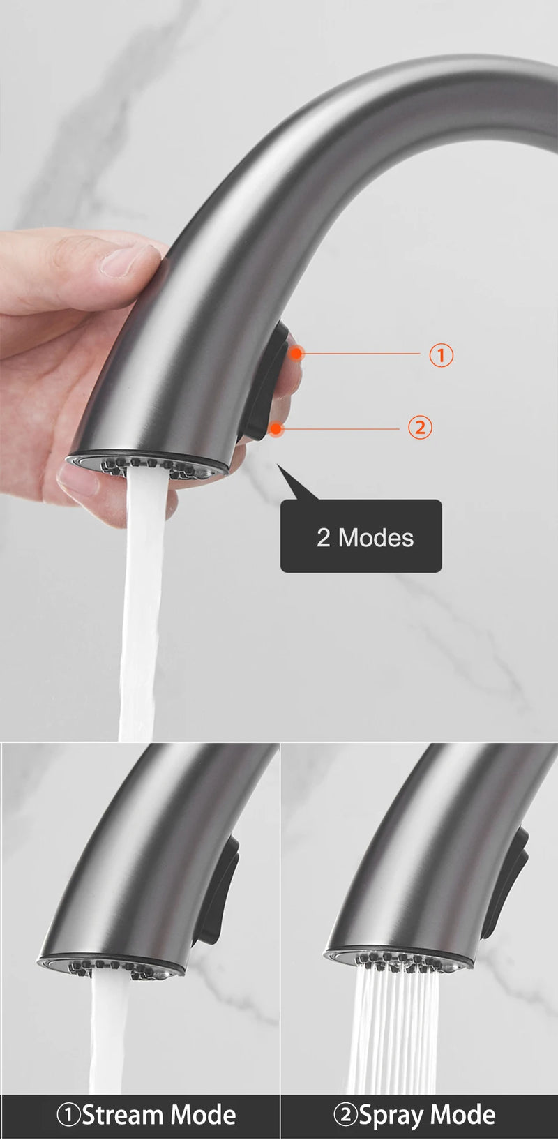 Torneira de cozinha retrátil cinza-arma, torneira de pia de água quente e fria, giratória, preta e branca, 60 cm
