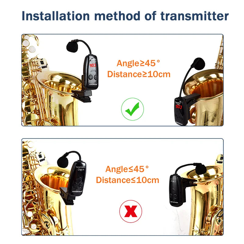 Microfone para saxofone Wireless Instruments, receptor e transmissor sem fio, alcance de 160 pés, plug and play, ótimo para trompetes XIAOKOA UHF