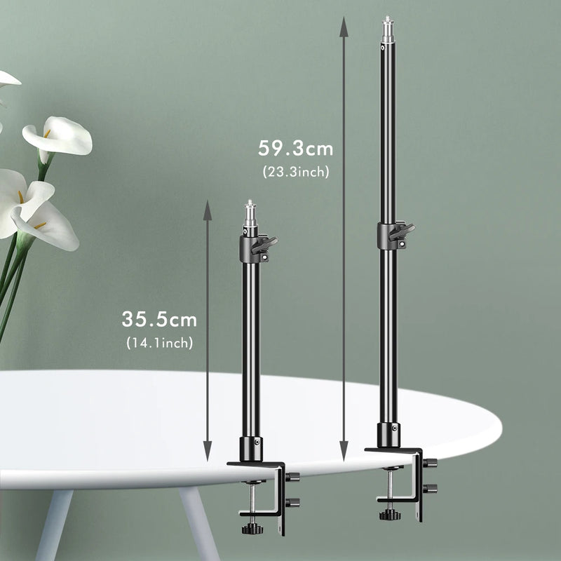 Suporte de mesa SH para iluminação, tripé com braçadeira C e cabeça esférica de 1/4" ajustável para mesa, suporte para câmera e anel de luz