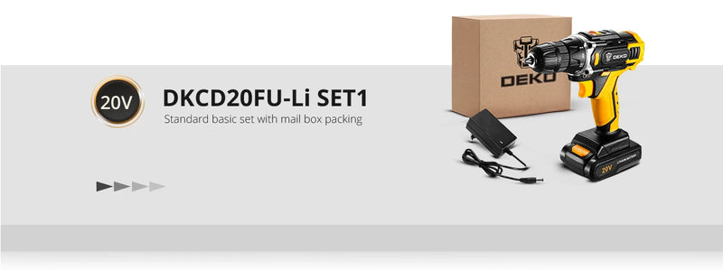 DEKO 12V 16V 20V SET1 Furadeira sem fio 2 velocidades Parafusadeira elétrica DIY Mini chave de fenda sem fio Bateria de íon de lítio DC 3/8 polegadas