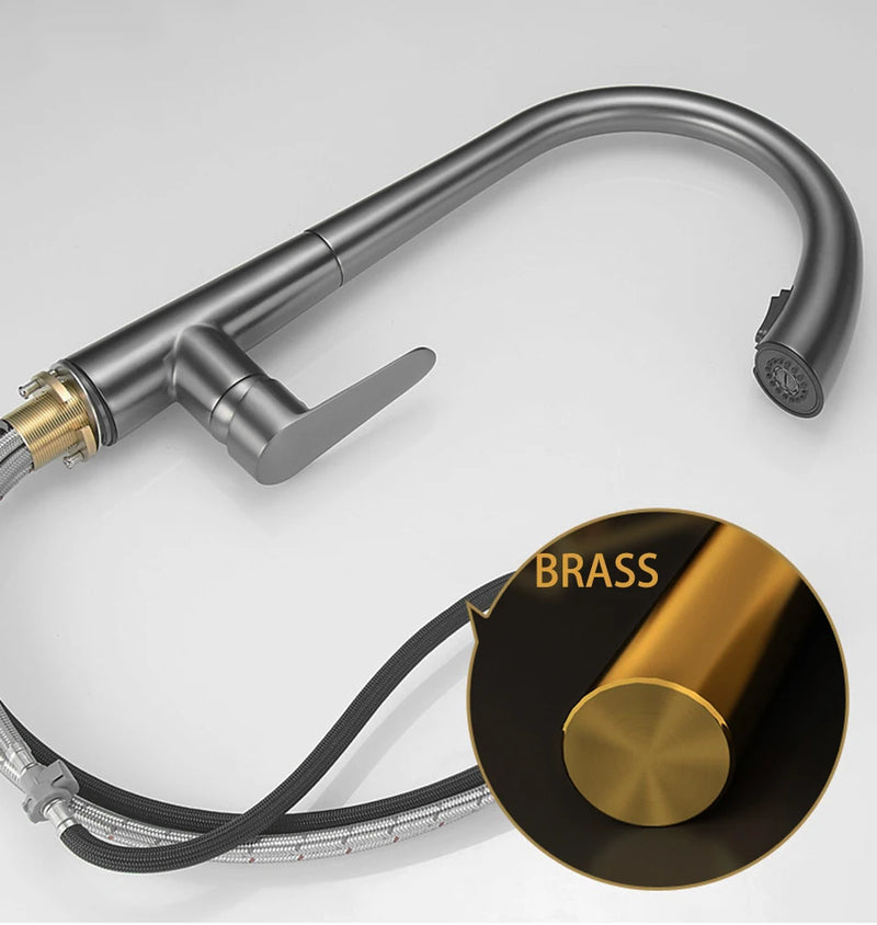 Torneira de cozinha retrátil cinza-arma, torneira de pia de água quente e fria, giratória, preta e branca, 60 cm