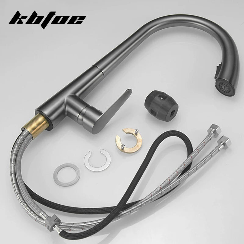 Torneira de cozinha retrátil cinza-arma, torneira de pia de água quente e fria, giratória, preta e branca, 60 cm