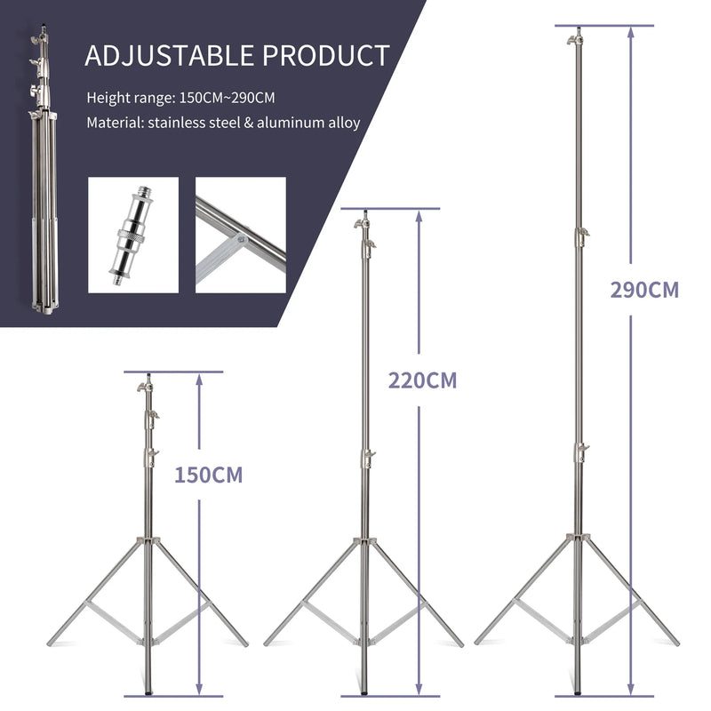 Tripé de pressão de ar de 290 cm com rolamento de 10 kg para câmera, suporte de luz de aço inoxidável para anel de luz, transmissão ao vivo no YouTube e fotografia, macio