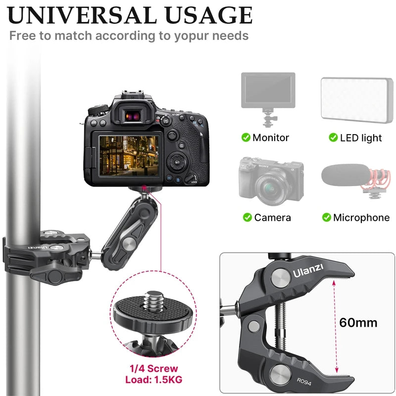 Ulanzi R094 Super Grampo Extensor 1/4 3/8 Rosca para Braço Mágico LED Luz de Preenchimento Microfone Cabeça de Bola Universal Grampo Carga Máxima 1,5 kg