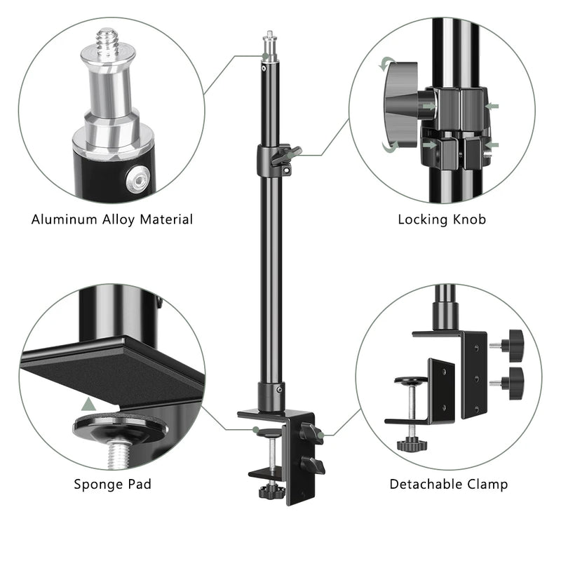 Tripé de mesa SH C-clamp Light com cabeça esférica de 1/4" e suporte de mesa ajustável para câmera e anel de luz