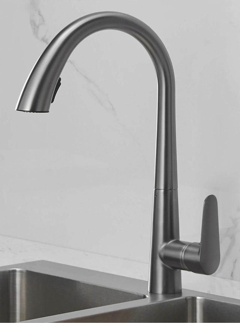 Torneira de cozinha retrátil cinza-arma, torneira de pia de água quente e fria, giratória, preta e branca, 60 cm