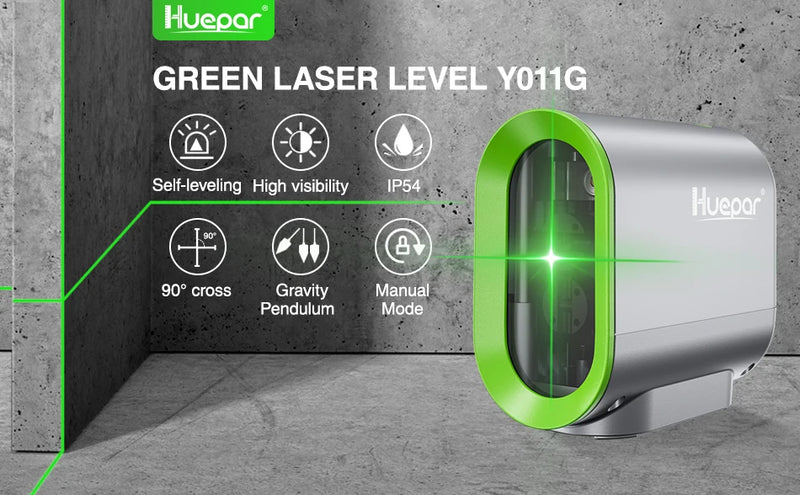 Nível a laser autonivelante Huepar de 2 linhas, feixe verde/vermelho, base magnética, bateria de íons de lítio recarregável, para construção e ferramentas de bricolage