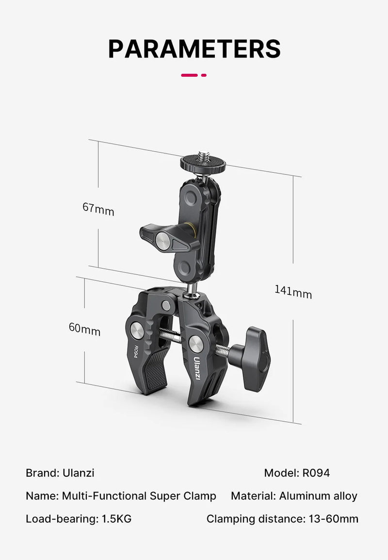 Ulanzi R094 Super Grampo Extensor 1/4 3/8 Rosca para Braço Mágico LED Luz de Preenchimento Microfone Cabeça de Bola Universal Grampo Carga Máxima 1,5 kg