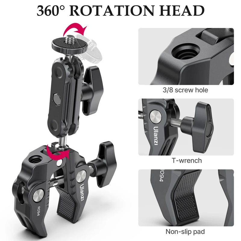 Grampo de metal Ulanzi Super com cabeça esférica dupla e braço mágico para câmera, luz, microfone, monitor de vídeo, braçadeira com rosca 1/4 3/8 para hastes e ganchos