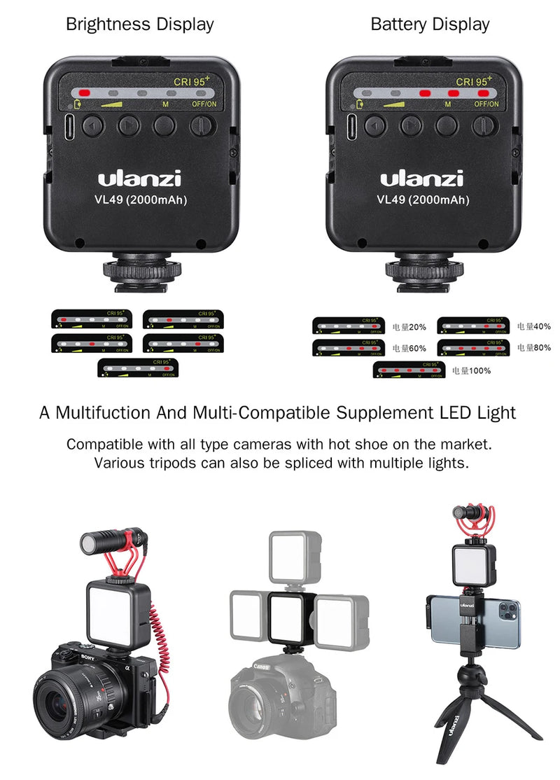 Mini Vlog VL49 LED, Luz de Preenchimento com 6W Branco 2000mAh 5500K Iluminação Zoom - para Fotográfica, Vídeo, Telefone, Selfie